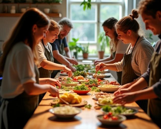 A group of people cheerfully participating in a cooking workshop, gathered around a large wooden island.